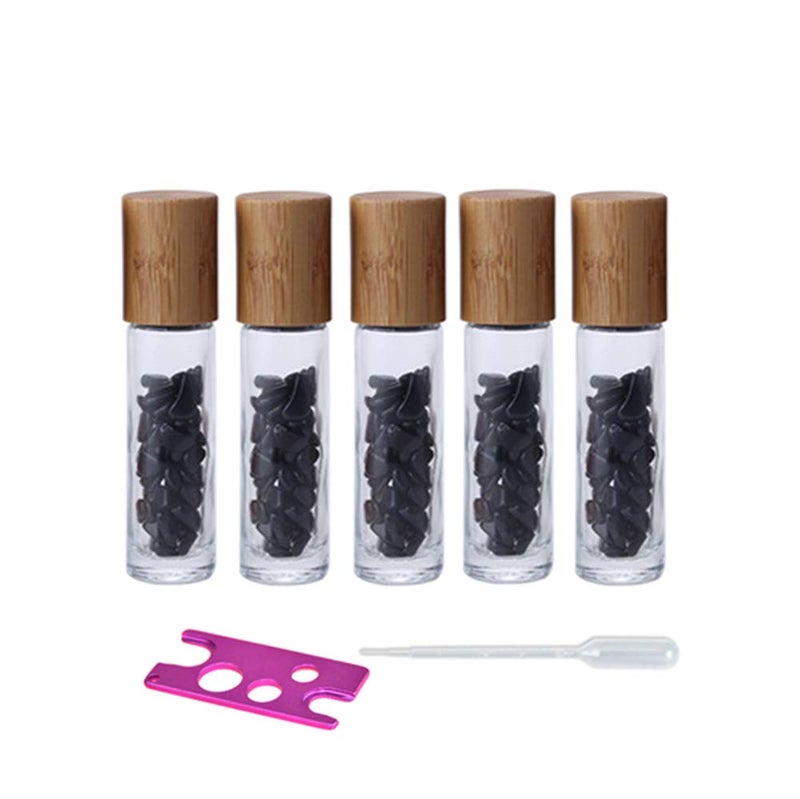 USRommaner 5 Pack 10ml Clear Roll On Bottles With Natural Chakra Crystal Chips for Essential Oils,Perfume Glass Roller Bottles Container Bamboo Lid,Crystal Roller,Pipette&Opener Included (Black Obsidian) - Image 1